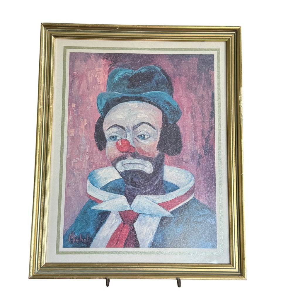 Vintage Michele Sad Clown Framed Art Print Mid Century Style Portrait Gold Frame